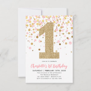Budget Blush Pink Gold Confetti Girl 1st Birthday Note Card
