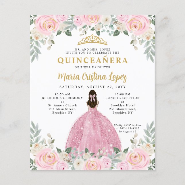 Budget Blush Pink Gold Floral Princess Quinceañera (Front)