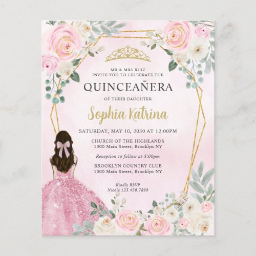 Budget Blush Pink Gold Floral Princess Quinceaera