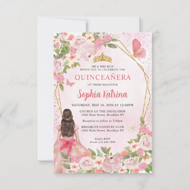 Budget Blush Pink Gold Floral Princess Quinceañera Note Card (Front)