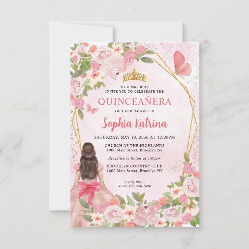 Budget Blush Pink Gold Floral Princess Quinceaera Note Card