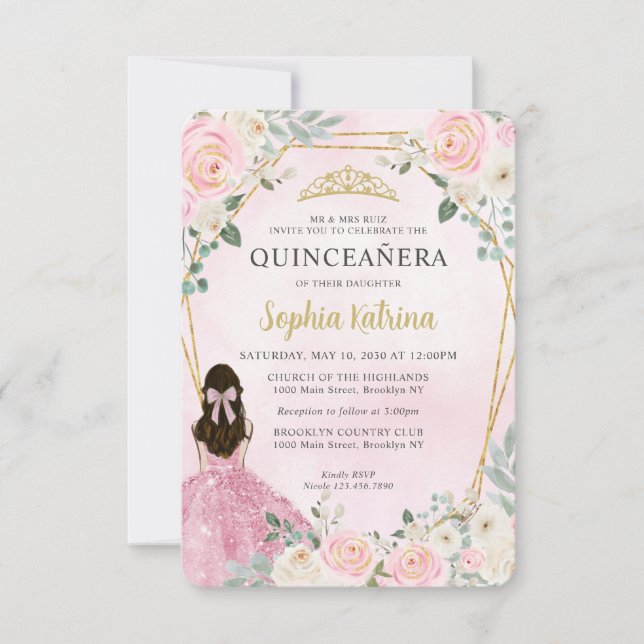 Budget Blush Pink Gold Floral Princess Quinceañera Note Card (Front)