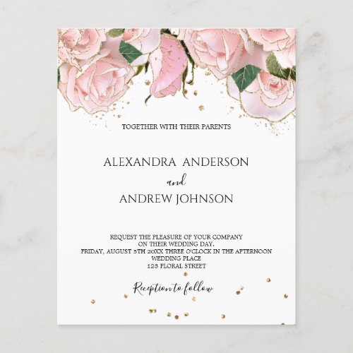 Budget Blush Pink Gold Floral Wedding Invitation