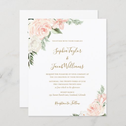 Budget Blush Pink Gold Floral Wedding Invitation | Zazzle