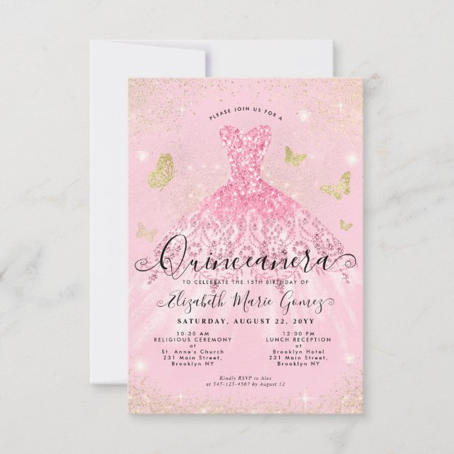 Budget Blush Pink Gold Glitter Gown Quinceanera Note Card (Front)