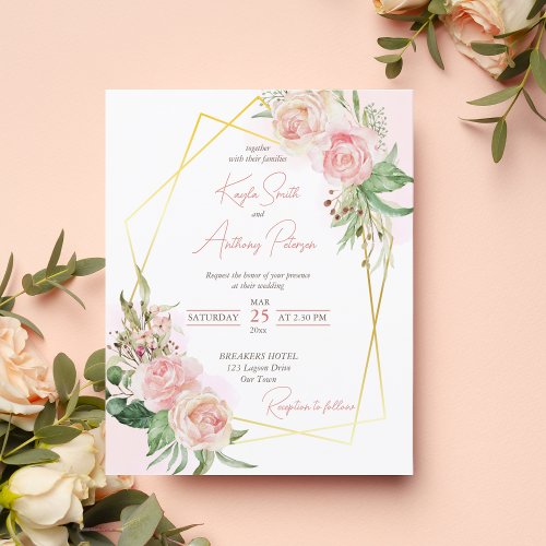 Budget blush pink gold rose floral wedding invite