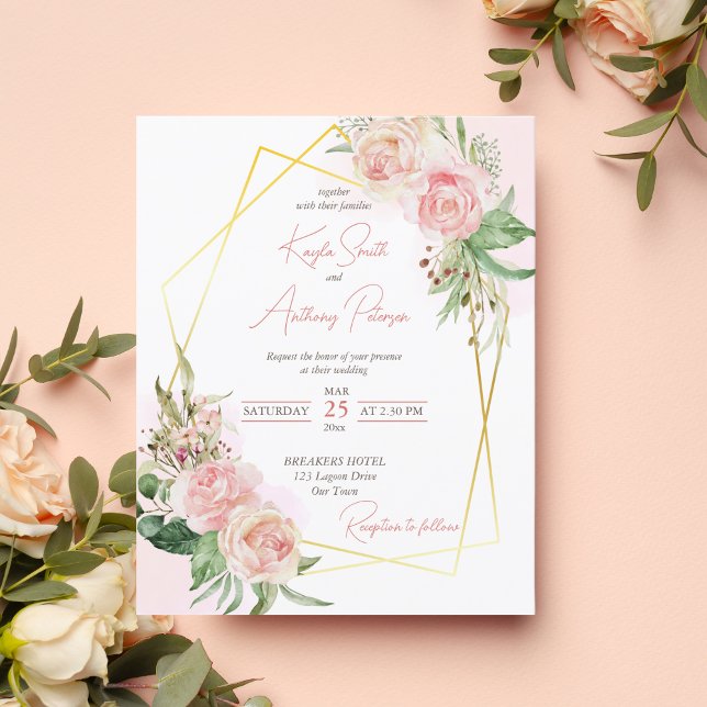 Budget blush pink gold rose floral wedding invite (Creator Uploaded)
