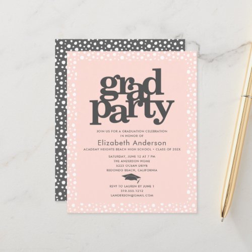 Budget blush pink grad cap bold girly party invite