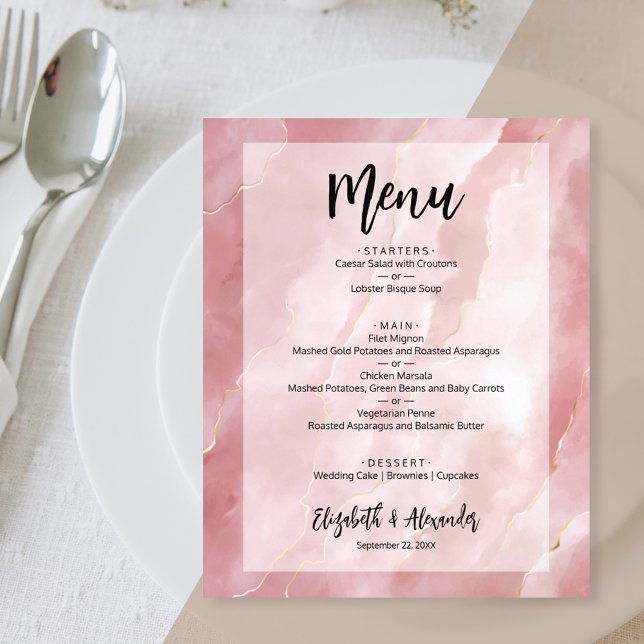 Budget Blush Pink Marble Wedding Menu Flyer (Creator Uploaded)