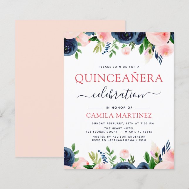 Budget Blush Pink Navy Blue Floral Quinceanera (Front/Back)
