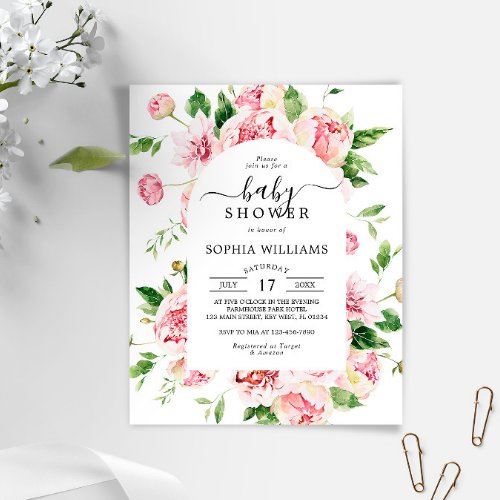 Budget Blush Pink Peonies Baby Shower Invitation