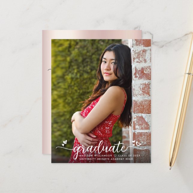 Budget Blush Pink Photo Graduation Script Invite (Front/Back In Situ)