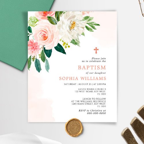 Budget Blush Pink Rose Floral Baptism Invitation