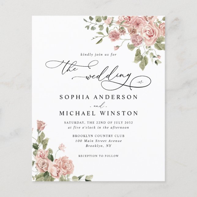 Budget Blush Pink Rose Floral Wedding Invitation (Front)