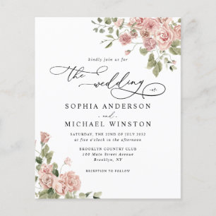Budget Blush Pink Rose Floral Wedding Invitation