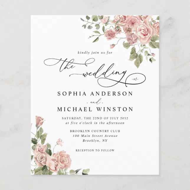 Budget Blush Pink Rose Floral Wedding Invitation | Zazzle