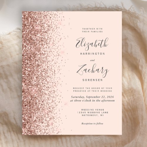 Budget Blush Pink Rose Gold Glitter Wedding Invite