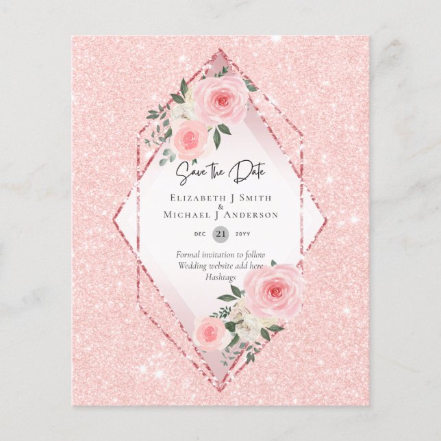 BUDGET Blush Pink Roses All-in-1 Wedding Save Date Flyer (Front)