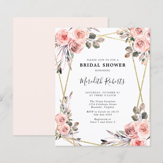 Budget Blush Pink Roses Bridal Shower Invitation (Front/Back)