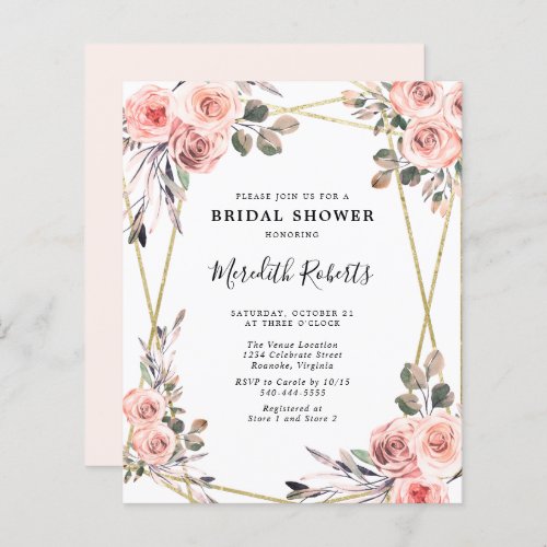 Budget Blush Pink Roses Bridal Shower Invitation