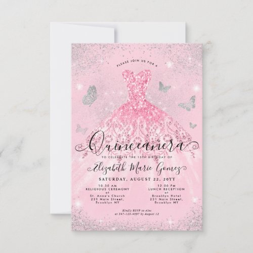 Budget Blush Pink Silver Glitter Gown Quinceanera Note Card