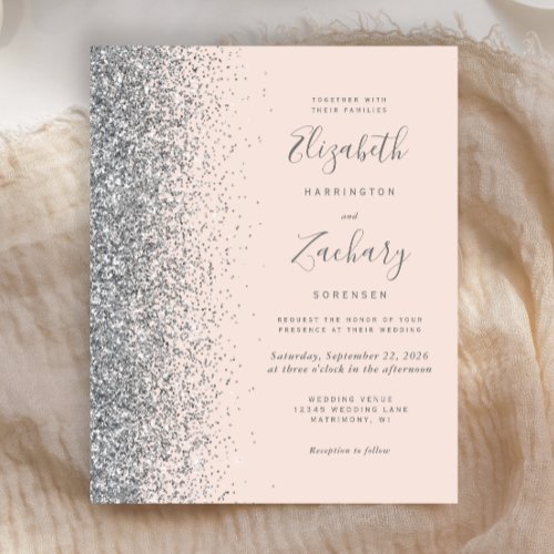 Budget Blush Pink Silver Glitter Wedding Invite