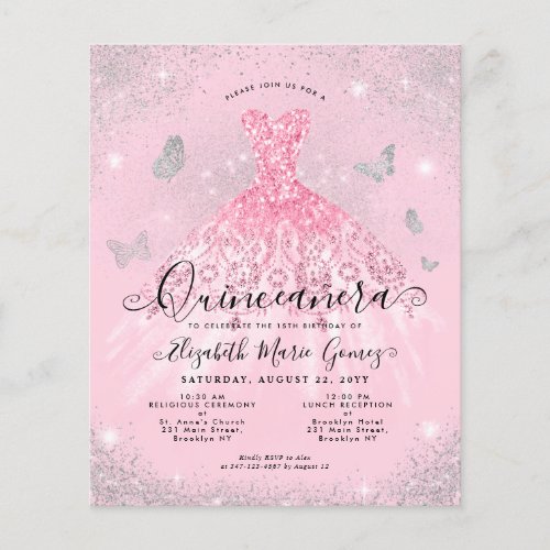 Budget Blush Pink Silver Gown Quinceanera Invite