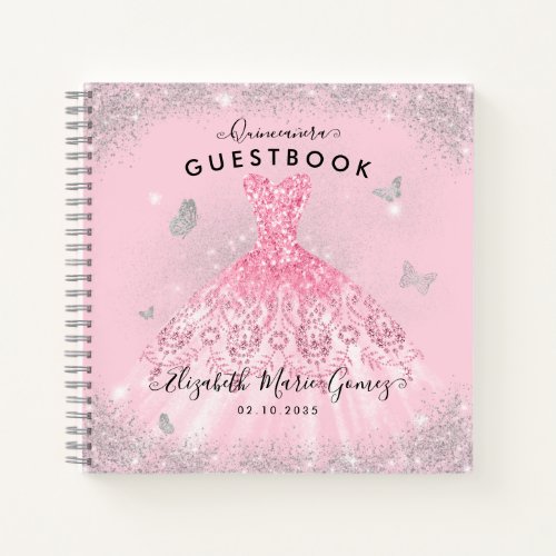 Budget Blush Pink Silver Quinceanera Guestbook  Notebook