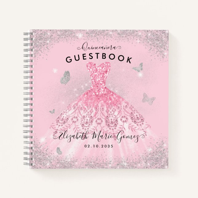 Budget Blush Pink Silver Quinceanera Guestbook  Notebook (Front)