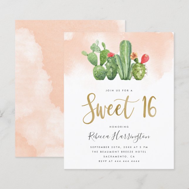 Budget Blush Pink Watercolor & Cactus Sweet 16 (Front/Back)
