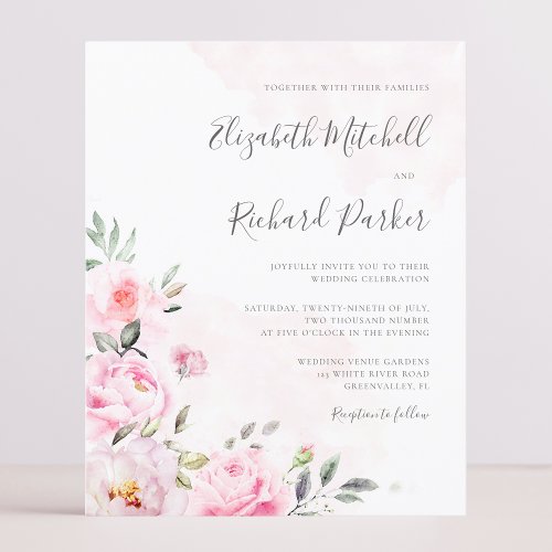 Budget Blush Pink Watercolor Floral Wedding Invite