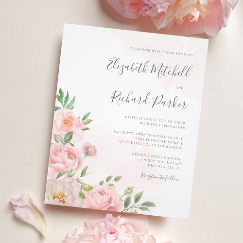 Budget Blush Pink Watercolor Floral Wedding Invite