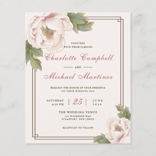 Budget Blush Pink Wedding Peony Floral Invites Flyer