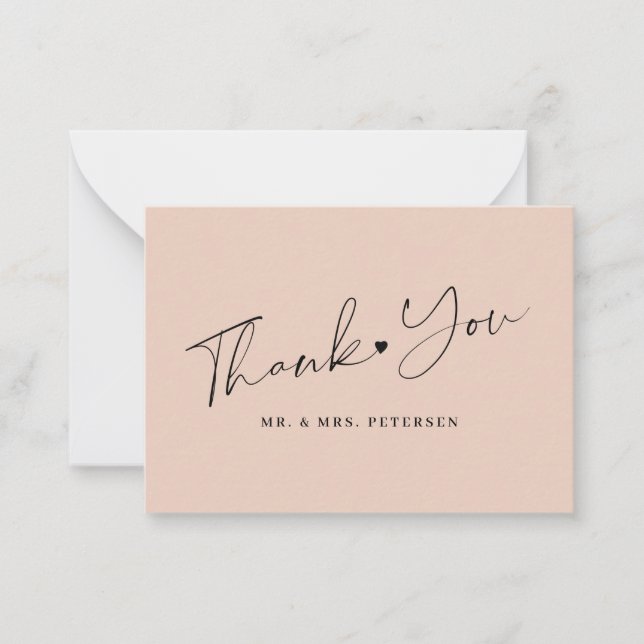 Budget blush pink wedding thank you script note card (Front)