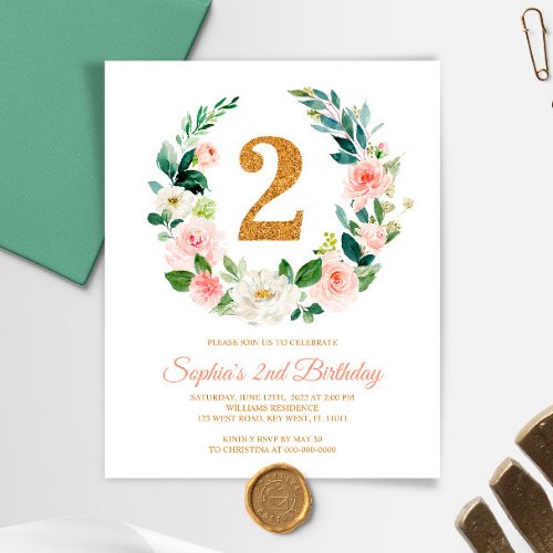 Budget Blush Pink Wreath 2nd Birthday Invitation