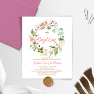 Budget Blush Pink Wreath Girl Baptism Invitation