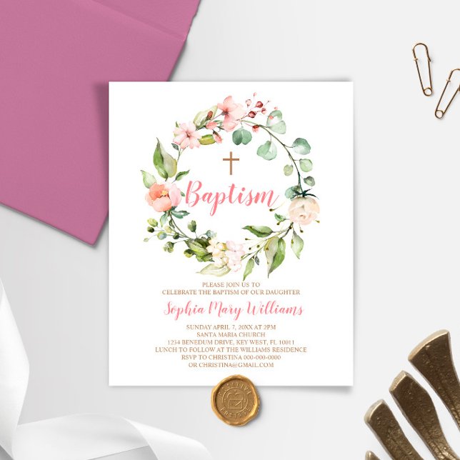 Budget Blush Pink Wreath Girl Baptism Invitation (Creator Uploaded)