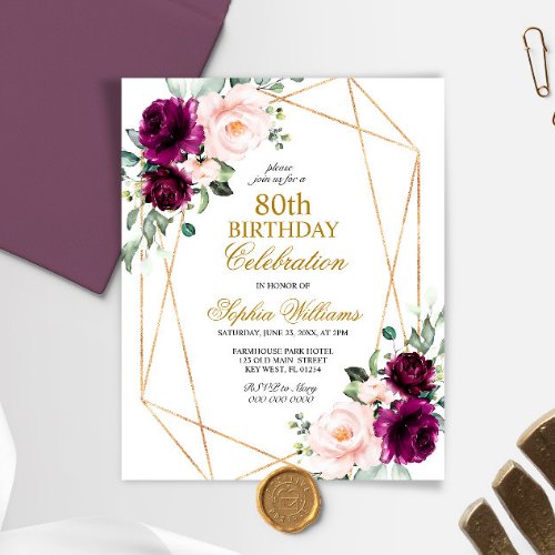 Budget Blush  Purple Rose 80 Birthday Invitation