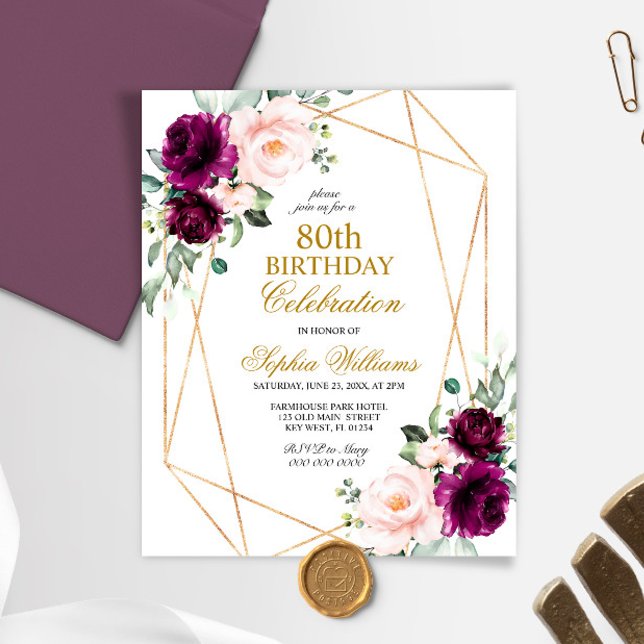 Budget Blush & Purple Rose 80 Birthday Invitation (Creator Uploaded)