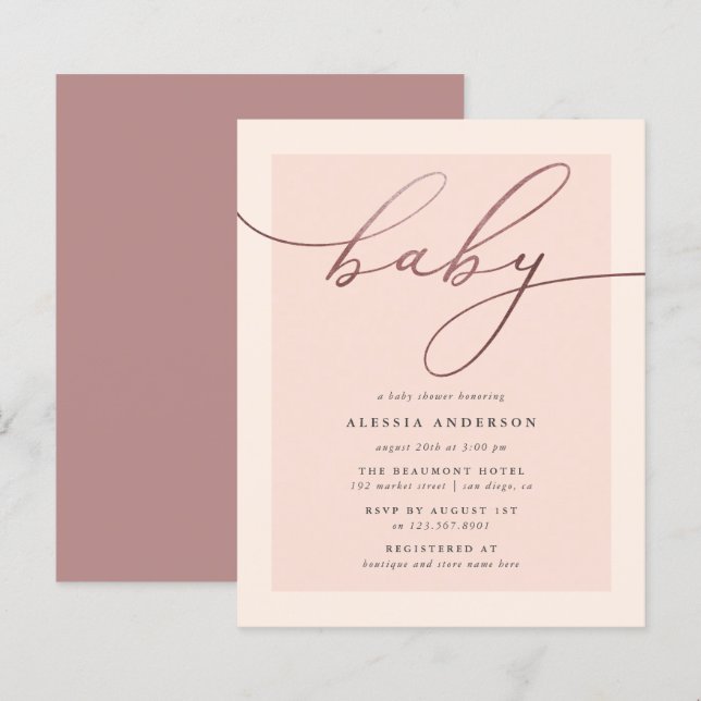 Budget Blush Rose Gold Typography Girl Baby Shower (Front/Back)