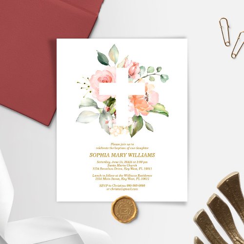 Budget Blush Rose  White Cross Baptism Invitation