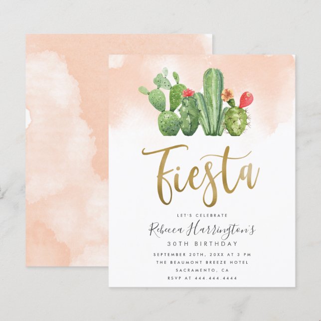 Budget Blush Watercolor & Cactus Fiesta Birthday (Front/Back)