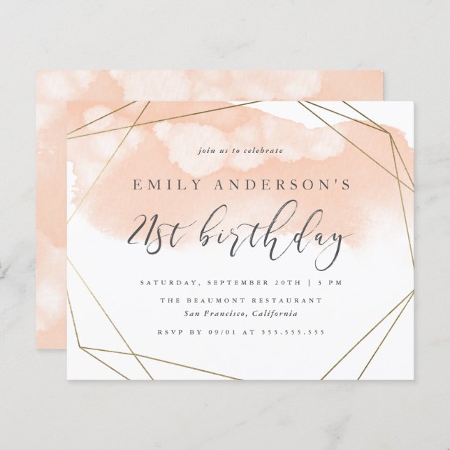 Budget Blush Watercolor Geometric 21st Birthday (Front/Back)