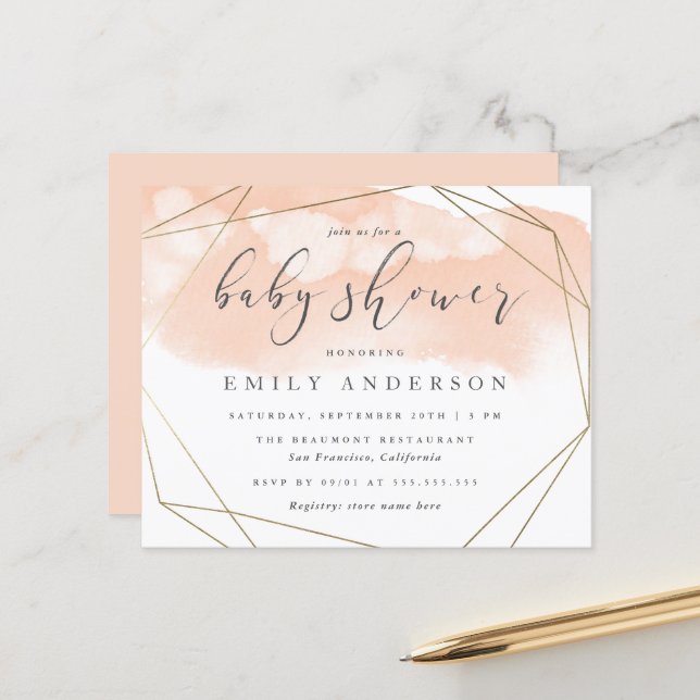 Budget Blush Watercolor Gold Geometric Baby Shower (Front/Back In Situ)
