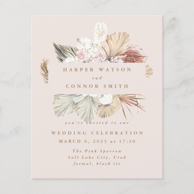 Budget Blush Wreath Pampas Grass Floral Wedding Flyer (Front)