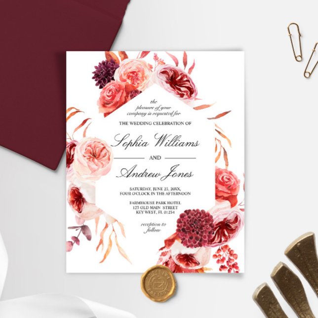 Budget Bohemian Marsala Rose Wedding Invitation (Creator Uploaded)