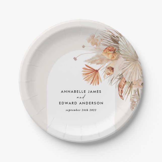 budget bohemian pampas grass wedding party paper plates (Front)