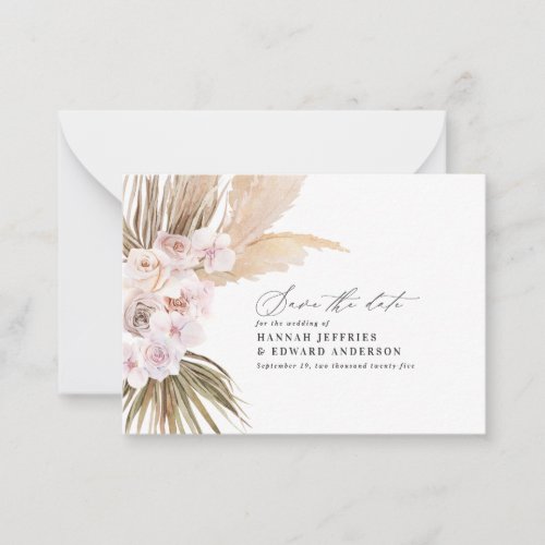 budget bohemian pampas grass wedding save the date note card