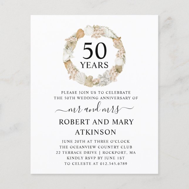Budget Boho 50th Wedding Anniversary Party Invite (Front)