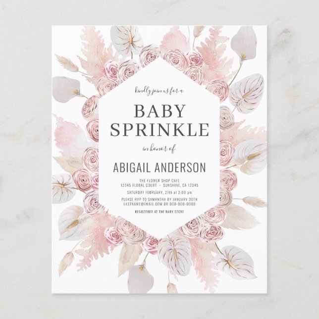 Budget Boho Baby Sprinkle Blush Pink Invitation Flyer (Front)